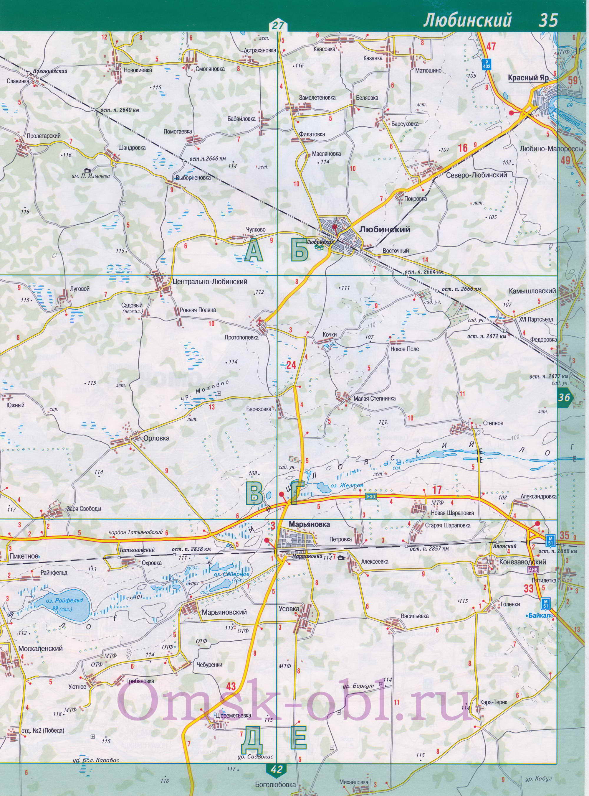 Карта Марьяновского района. Подробная карта автодорог Омской области - Марьяновский район, A1 - 