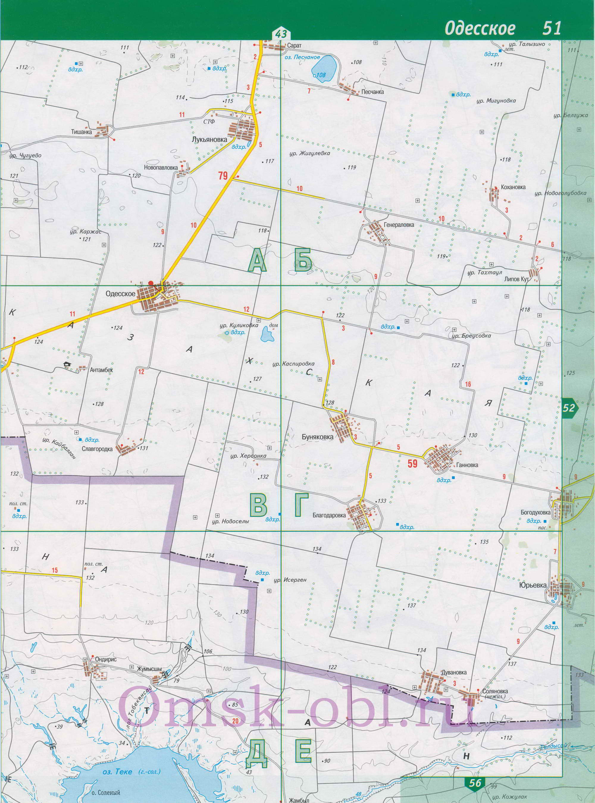Карта Одесского района. Подробная карта автодорог Омской области - Одесский район, B0 - 