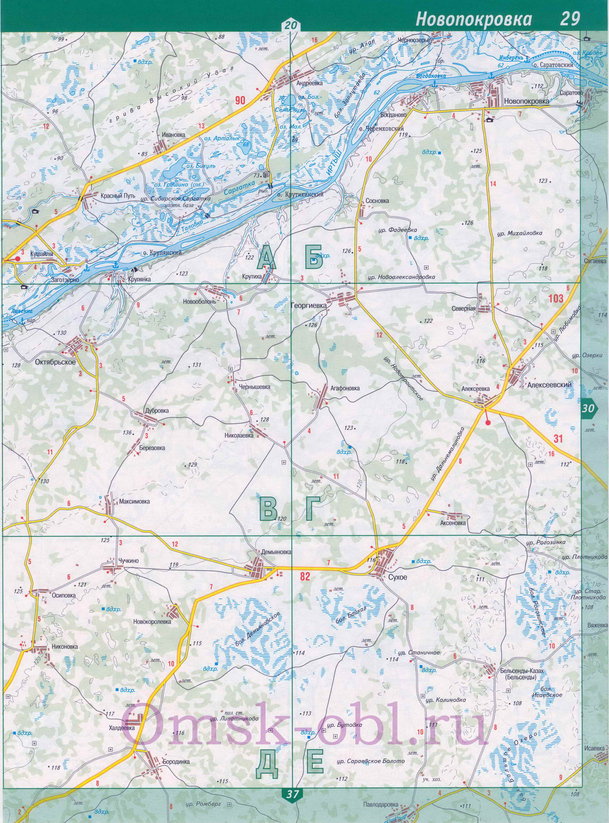 Карта Саргатского района Омской обл. Подробная карта автомобильных дорог - Саргатский район, B0 - 