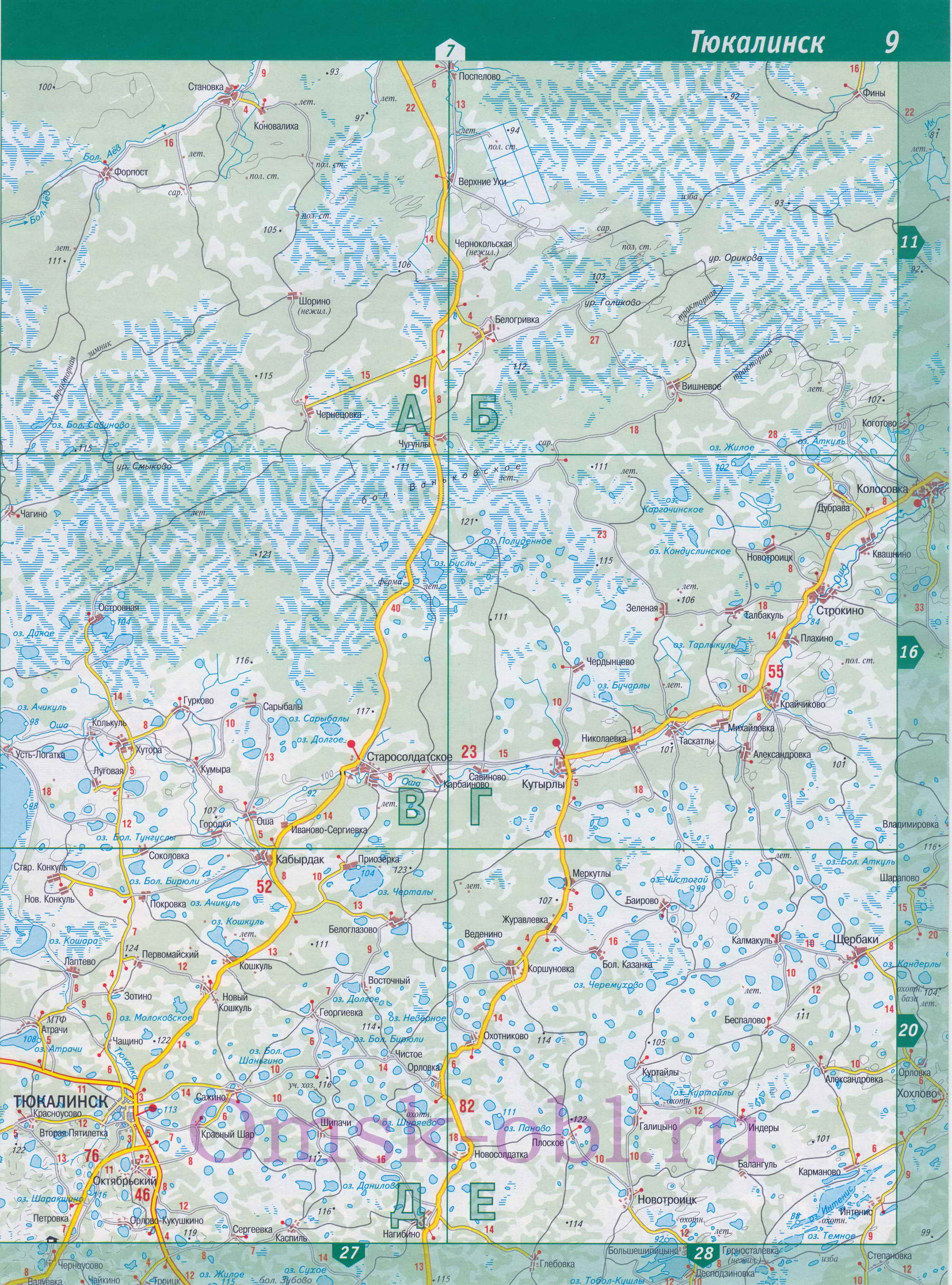 Карта Тюкалинского района. Подробная карта Омской  области - Тюкалинский район, B0 - 